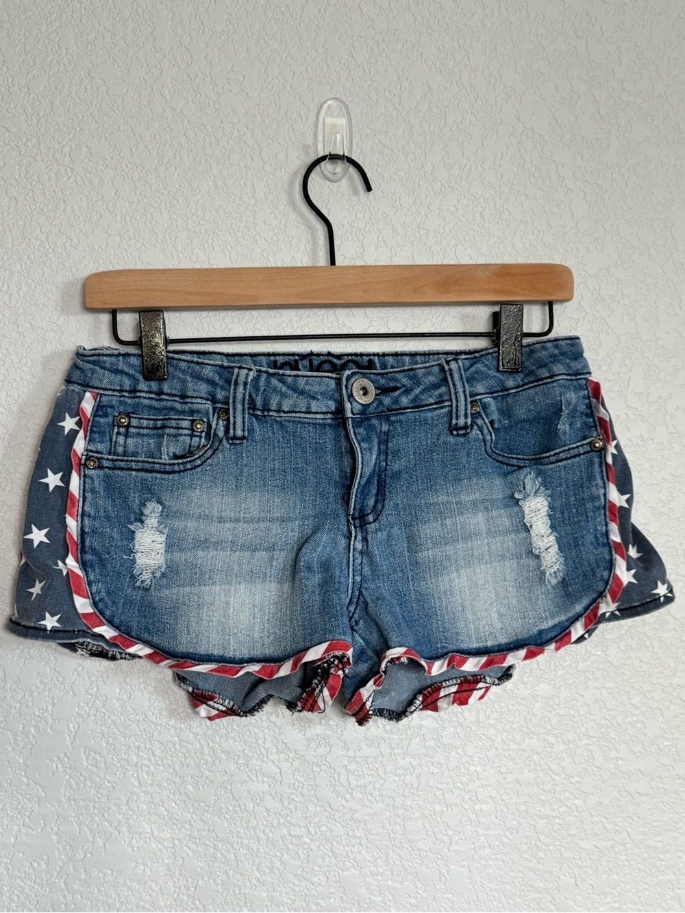 Rue21 Distressed Y2K Micro Shorts with Star & Stripe Trim - Blue - Size 3/4